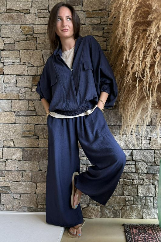 Basso Button Drape Batwing Shirt Navy